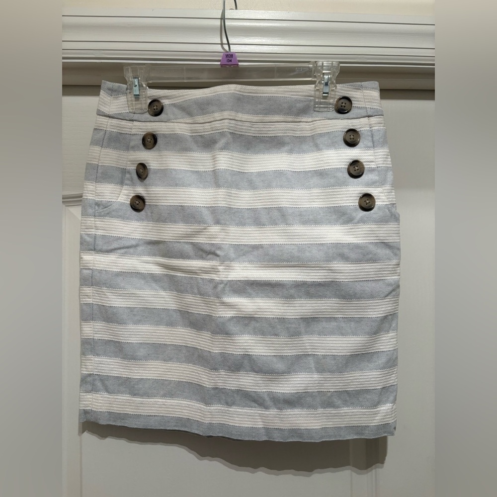 Women’s  LOFT Petite Striped Button-Front Mini Skirt White & Gray Linen size 8P